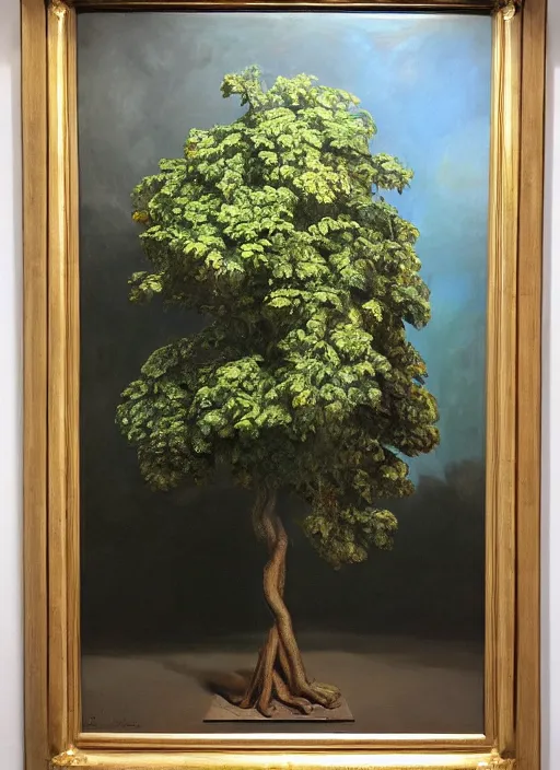 Prompt: [Jeff Koons] [oil painting] of a [tree] in the style of [rembrant], [sculpture] and [hyperrealism]
