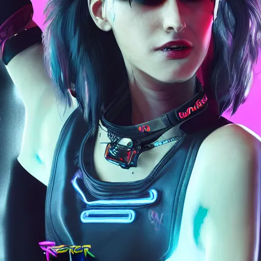 Image similar to female V from Cyberpunk 2077 wearing spiked choker, collar, choker, punk, collar, 4K, realistic, spiked collar, portrait, art, beautiful,