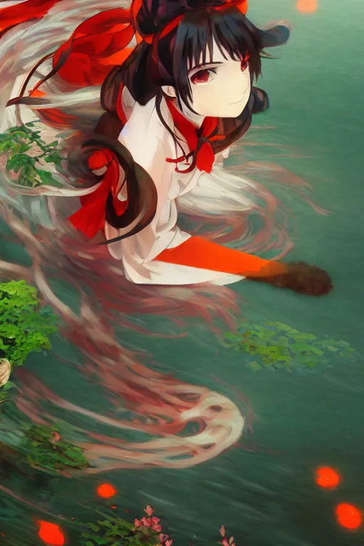 Image similar to hakurei reimu from touhou project floating on the water at night, plants, green and orange theme by krenz cushart and mucha and makoto shinkai and akihito yoshida and greg rutkowski, 4 k resolution