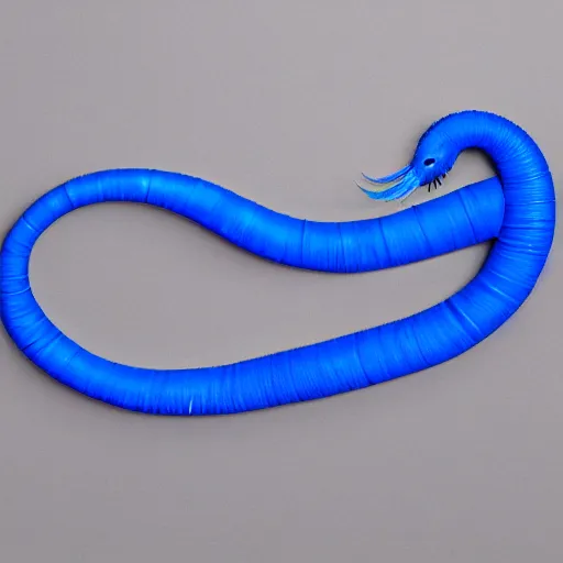 Image similar to studio photograph of a matte dark gray worm with a neon blue head and tail