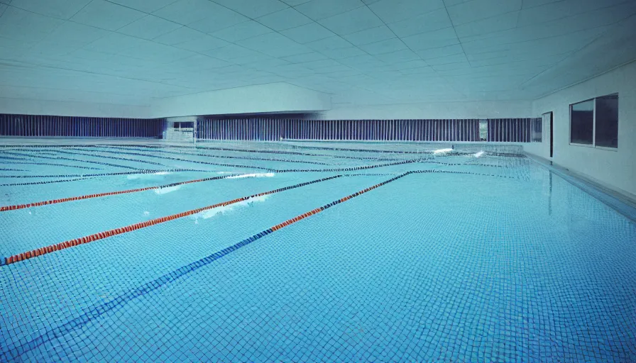 Prompt: 1 9 6 0 s movie still of empty blue tiles swimmingpool, cinestill 8 0 0 t 3 5 mm, high quality, heavy grain, high detail, panoramic, ultra wide lens, cinematic composition, dramatic light, flares, anamorphic, liminal space style