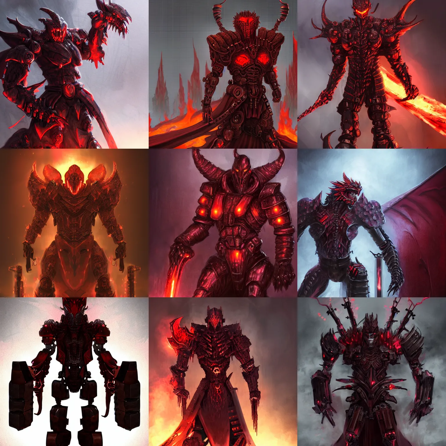 Prompt: ominous humanoid warrior with a body of dark red matte thick metal blocks as scales, cybernetic, character concept artwork, realistic, evil, gritty, matte, dragon - like, fire in the background, detailed, rich iridescent colors