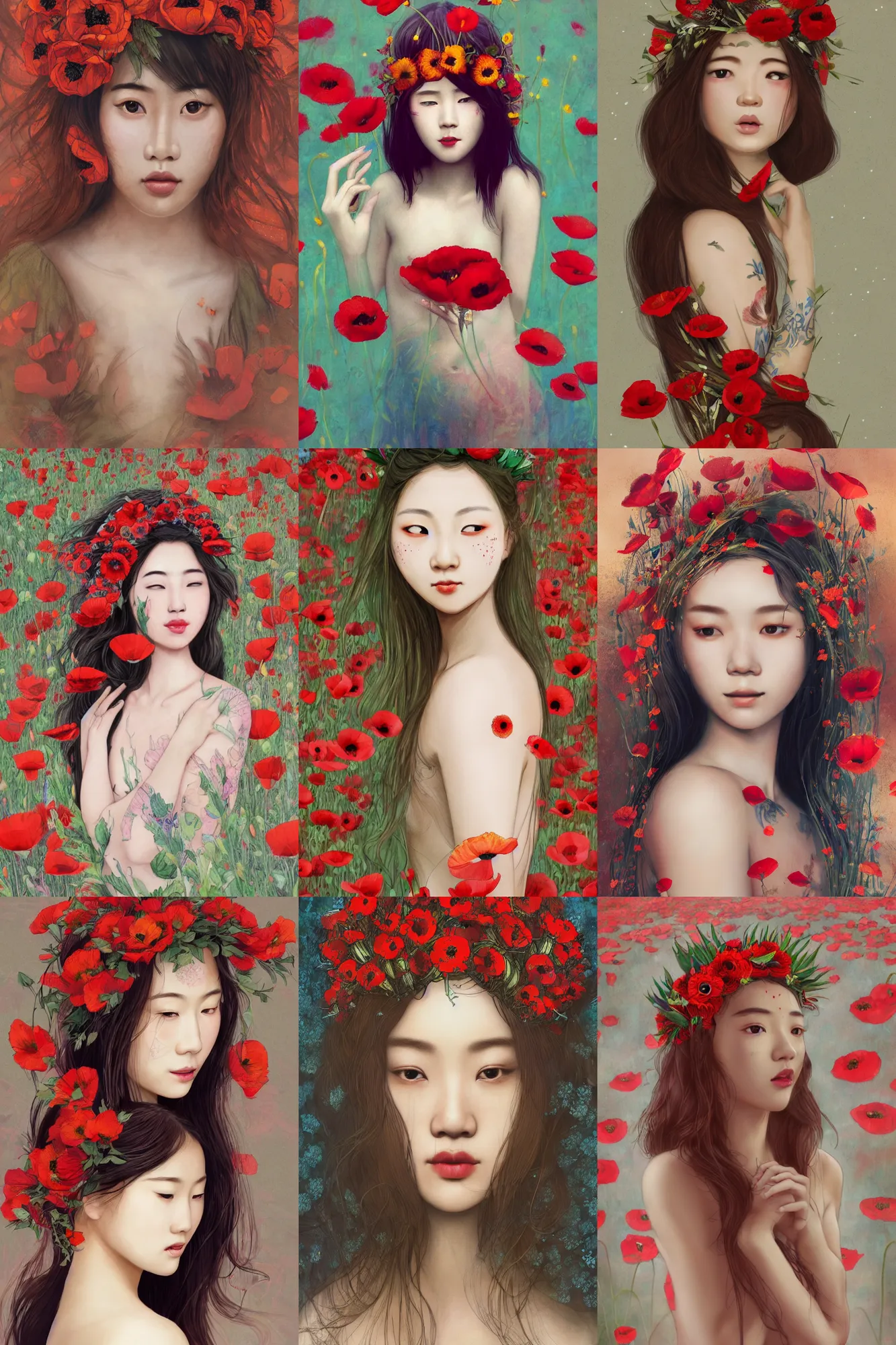 Prompt: Illustration of a beautiful asian girl with freckles, wearing a flower headpiece made of red poppies, long flowy hair, body tattoo, surrounded by big flowers, porcelain skin, cinematic lighting, photo realistic, cinematic lighting, bokeh, warm lights, highly detailed, maya, digital painting, artstation, concept art, sharp focus, illustration, by Mucha, Raphael, Caravaggio, Beksinski, Giger