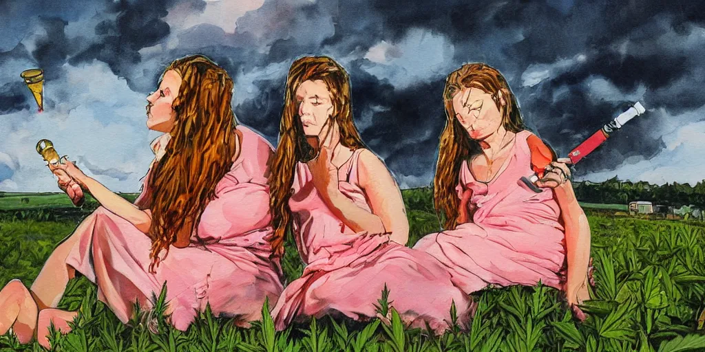 Prompt: a painting, style of simon bisley, one mother and her one very young daughter, in long pink or orange dresses, with clothes on, smoking a bowl of hash together, from a huge red glass bong, sitting in a field of cannabis, with dark clouds in the sky