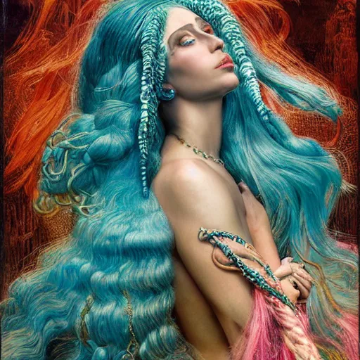 Prompt: intricate detail, hyper detail, gaston bussiere, sandro botticelli style photoshoot, lady gaga, artpop act ii album, with neon aqua rapunzel dreadlocks, detailed, masterpiece, sharp focus,