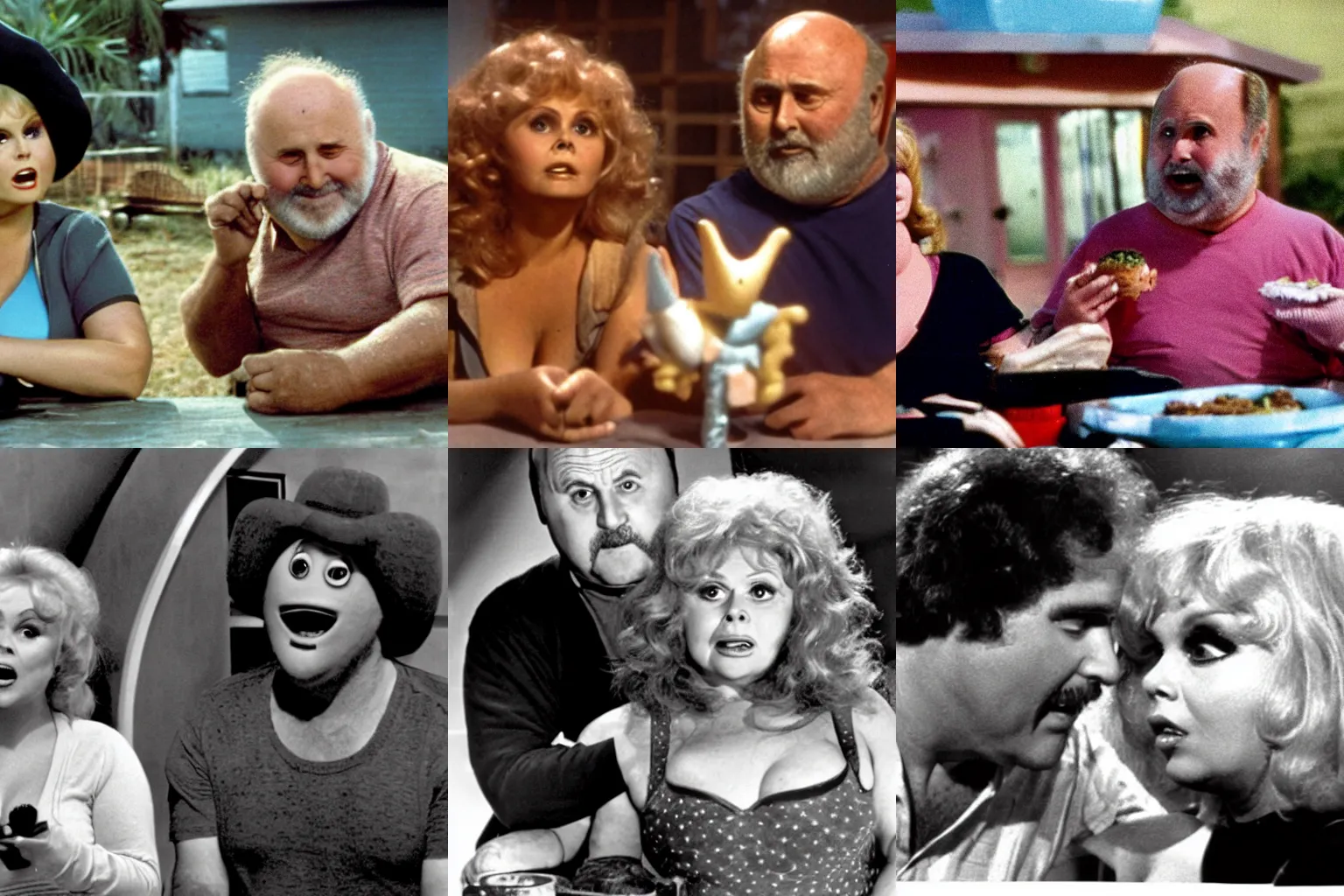 Prompt: color movie still of sally struthers and rob reiner in'hot dog monster vs hamburger monster'by ray harryhausen