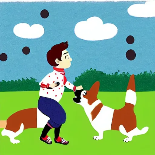 Prompt: illustration of french boy in paris playing football against a corgi, the corgi is wearing a polka dot scarf