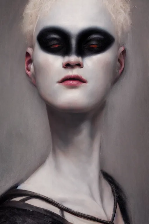 Image similar to hyperrealism oil painting, close - up portrait of albino medieval fashion model, black silk, steel gradient mixed with nebula sky, in style of baroque