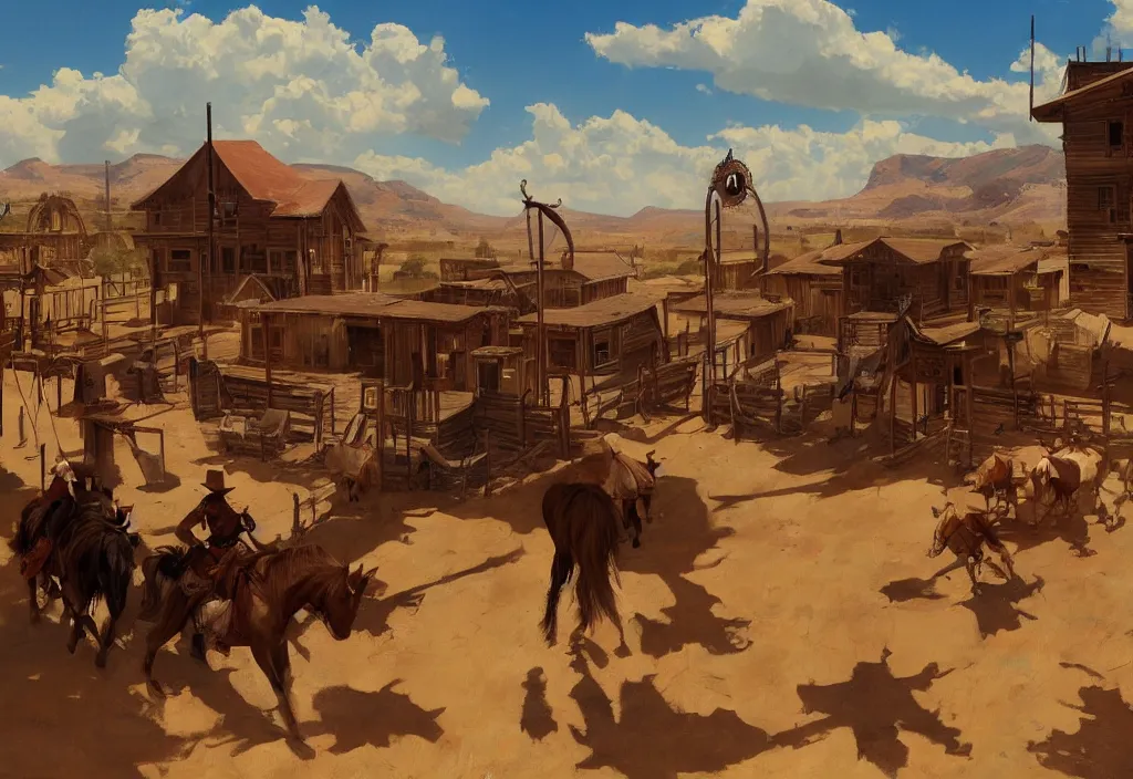 Image similar to greg manchess painting of a wild west abandoned town landscape with no person nor horse in the painting only buildings in the year 1 8 5 0, nobody living there, painting, trending on artstation, by huang guangjian and gil elvgren and sachin teng