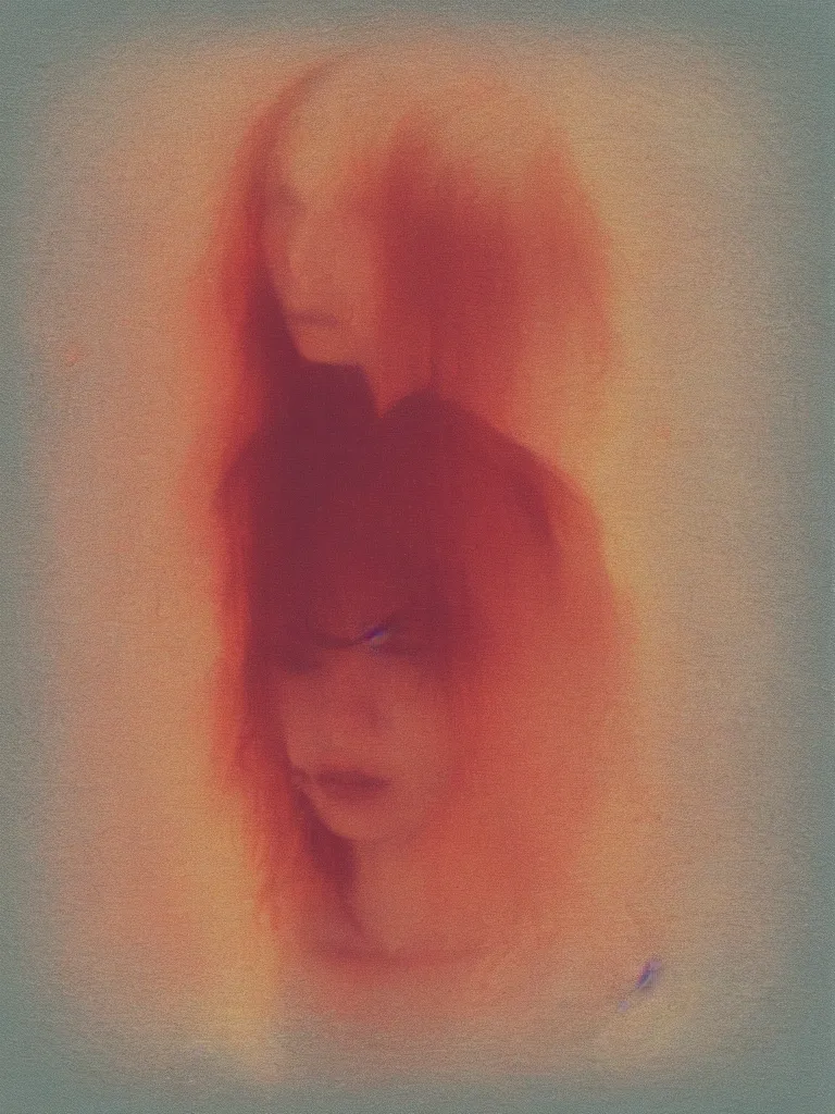 Image similar to a woman's face in the water, serene emotion, new polaroid, glitchy patterns, hazy, red, orange, yellow, soft lighting