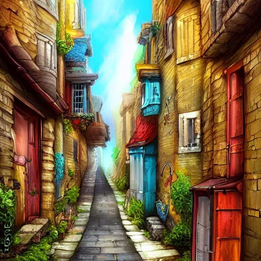 Image similar to narrow street between houses, colorful, fantasy art, concept art, high detail