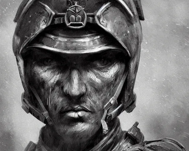 Image similar to A soldier cat warrior in world war one, close-up, realistic face, sharp facial features, mature facial features, black and white, amazing digital art, hyper detailed, artstation, in the style of Tony Sart