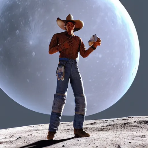 Prompt: cowboy on the moon, standing pose, planet earth background, photorealistic, octane render, blender render, unreal engine