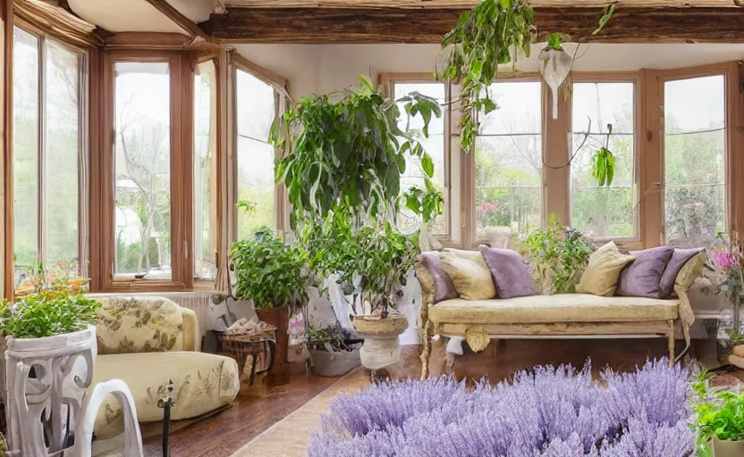 Image similar to Art Nouveau living room interior, cottage style, rustic wooden beams, couch, lavender plants, beige, light yellow, large windows, view of green trees, warm