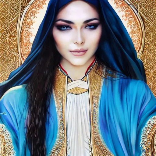 Image similar to a beautiful arabian woman wearing a white kaftan by karol bak, ayami kojima, artgerm, arabian beauty, blue eyes, smile, concept art, fantasy