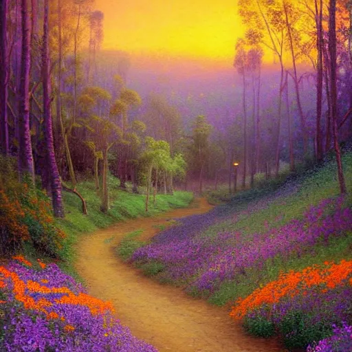 Prompt: a dreamy painting of a dirt road surrounded by eucalyptus trees and california golden poppies, violet woodland hill in the distance, violet sunset. an oil painting by thomas kinkade and peter mohrbacher, green orange violet triadic color palette, featured on deviantart, australian tonalism, pre - raphaelite, impressionism, detailed painting,