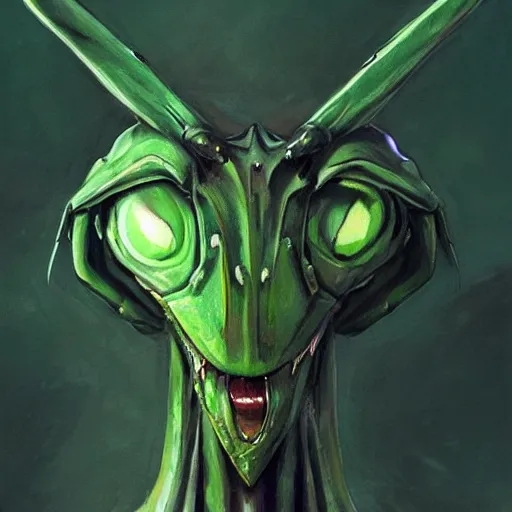 Prompt: portrait of green anthropomorphic mantis religiosa ; hard predatory look ; d & d rogue ; powerful front forelegs holding an enchanted dagger ; flat triangle - shaped head with thin thread - like antennae ; concept art ; artstation ; 8 k ; wallpapers ; heavy contrast ; cinematic art ; cgsociety ; art by greg rutkowski and artgerm