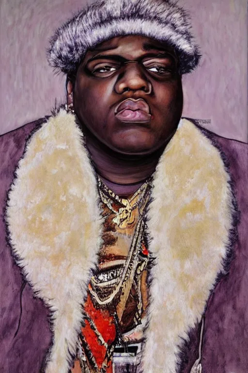 Image similar to a portrait of biggie smalls wearing boho - chic style clothes, with a fur muffler, full body!!, realistic painting in egon schiele style, masterpiece, hyperdetailed, complex, intricate, 4 k, trending on artstation