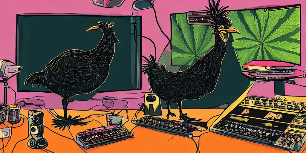 Image similar to 'black chicken'!!! smoking 'cannabis'!!!!!! in front of 'audio console'!!!! and 'multi monitors'!!!! 'in a hi-tech tv broadcasting studio'!!!!, artwork by James Gilleard