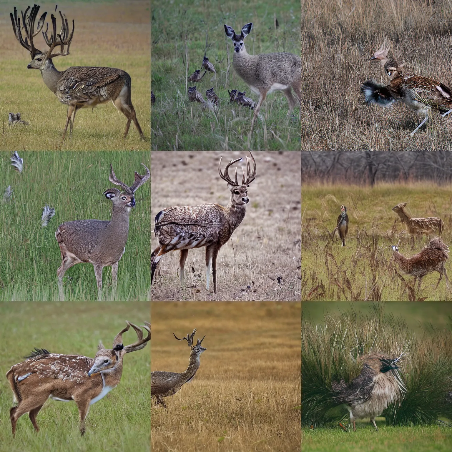 Prompt: a feathered deer with bird feathers as fur, owl feathers, full size deer antlers, nat geo, national geographic, photo, nature photography, f16, telephoto zoom, 100mm, wide shot, walking on grass, clear, family, grazing