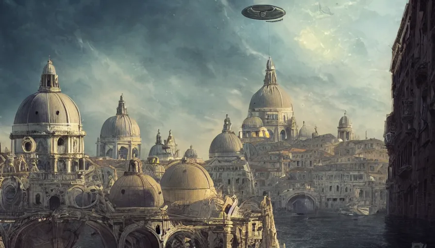 Prompt: an alien ufo high tech spaceship landing on italy venice city landscape with beautiful temples by greg rutkowski, artgerm, ross tran, magali villeneuve, intricate, time travel theme, audince in awe, spectacle, audience sorrounding, award winning, octane render, masterpiece, 8 k