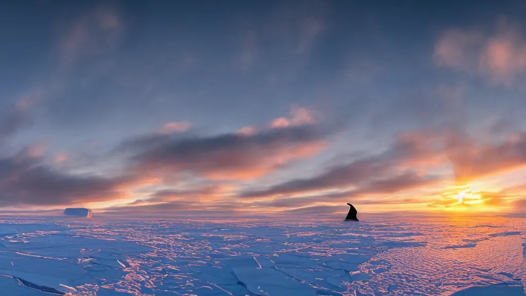 Image similar to photo of the most beautiful panoramic landscape, where a giant iceberg is lost in middle of the artic ocean, a giant penguin is exhaling steam while walking over the iceberg, there is nothing else, the artic ocean is reflecting the giant penguin over the iceberg and the ray lights of the sunset are brightening him, award winning photo, minimal style, by frans lanting