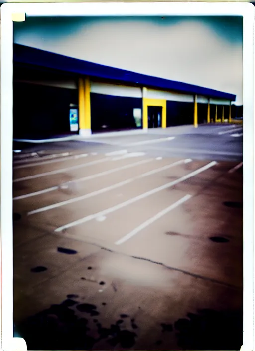 Prompt: polaroid photograph of an empty blockbuster store parking lot, liminal space, familiar place, mannequins, black mold, amateur, 3 5 mm, raw, 4 k, hd