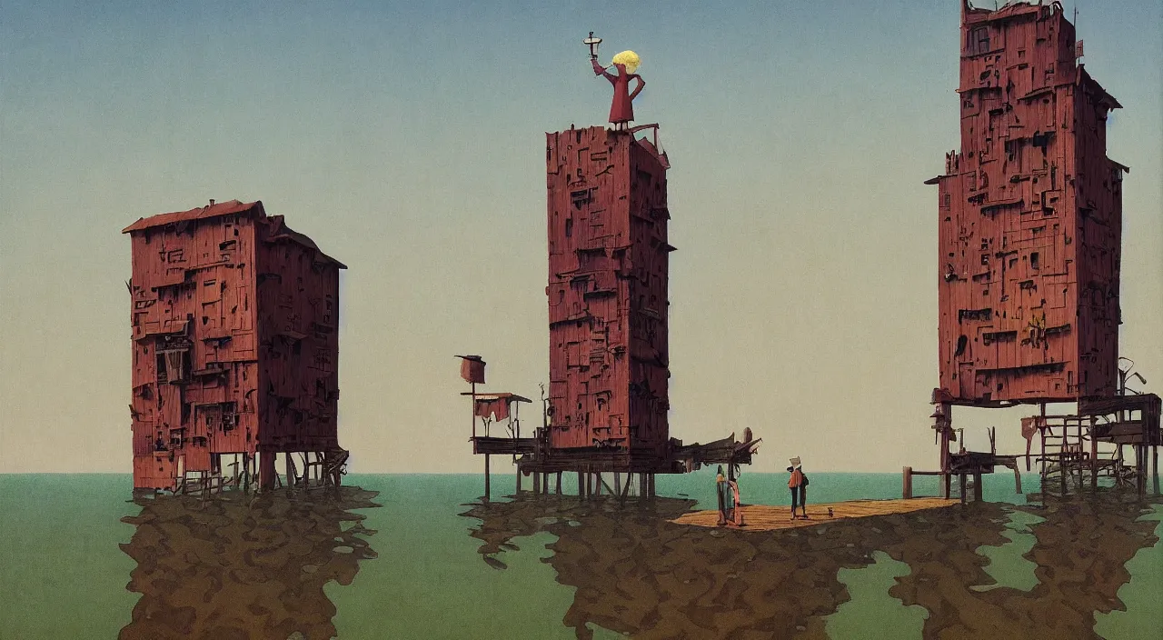 Prompt: single flooded simple wooden tower of flesh, very coherent and colorful high contrast!! masterpiece by rene magritte simon stalenhag carl spitzweg syd mead norman rockwell edward hopper james gilleard, minimalist, dark shadows, sunny day, hard lighting