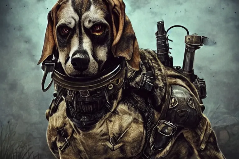 Image similar to a good ol'hound dog fursona ( from the furry fandom ), heavily armed and armored facing down armageddon in a dark and gritty version from the makers of mad max : fury road. witness me.