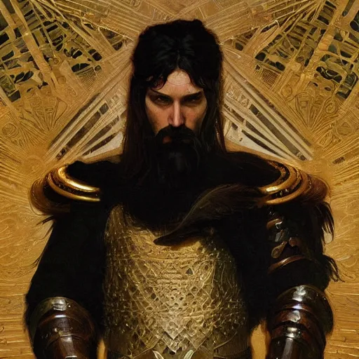 Image similar to pale, beautiful clean-shaven black-haired Viking lord wih sharp features, wearing a gilded black scale armor in the shape of art deco feathers and an arrogant heroic expression, by Greg Rutkowski, Brom, and Alphonse Mucha