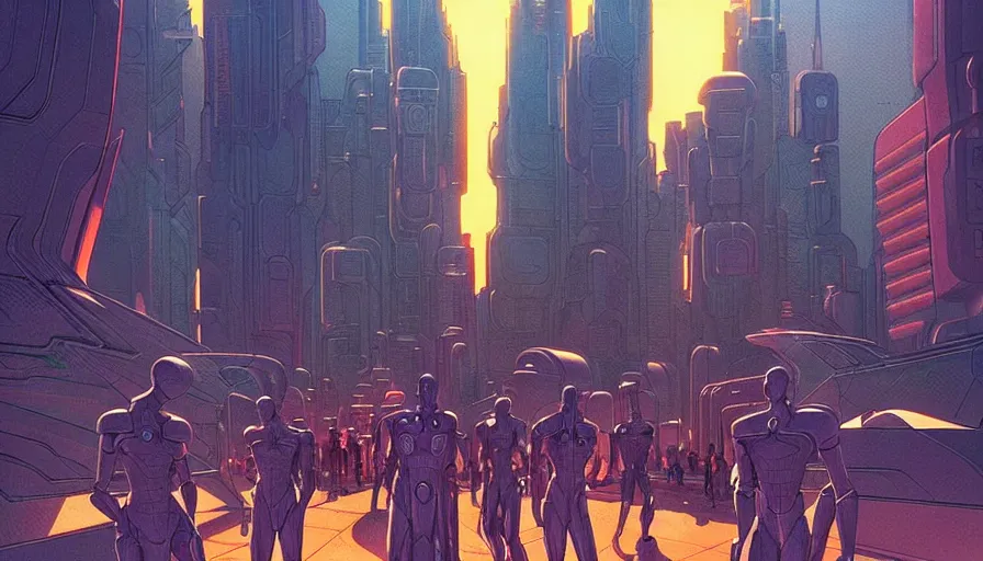 Prompt: metahumans and androids holding laser canons, fractals, cyberpunk city street, visual development by jean giraud and moebius, incal!!!!!!, dynamic lighting, daylight