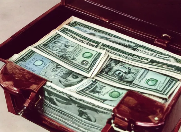 Prompt: color photo of a briefcase full of money in the 8 0's