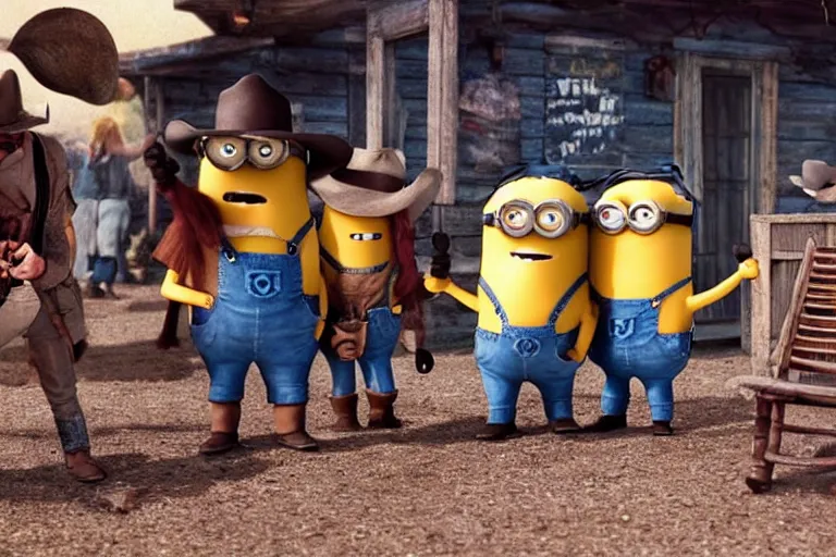 Prompt: minion cowboy saloon shootout, 3 5 mm scene from a western movie, 1 9 8 6, color