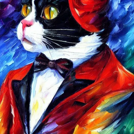 Prompt: portrait painting of a tuxedocat wearing a red jacket by Leonid Afremov