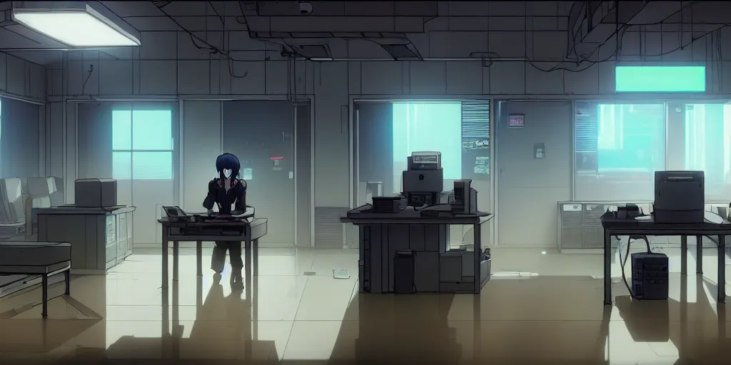 Prompt: an empty quiet quiet after hours cyberpunk police office office in the cyberpunk neon noir anime film, Shichiro Kobayashi, screenshot in the anime series ergo proxy ergo proxy ergo proxy and Detroit metal city, interior