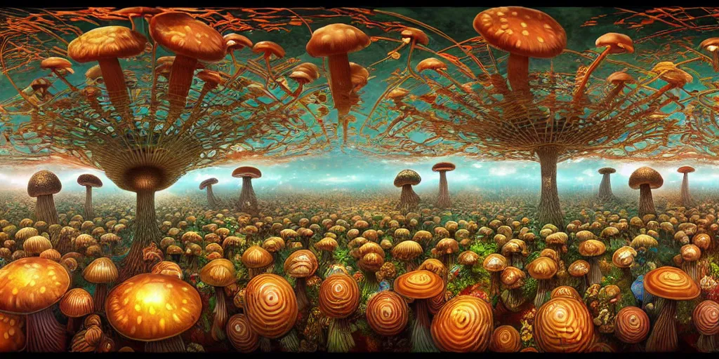 Prompt: 360 degree panoramic, anthropomorphic mushroom carnival attractions portrait, Art Deco nature, fantasy, intricate art deco mushroom designs, elegant, highly detailed fractals, sharp focus, fractal big top, equirectangular, 360, panoramic equirectangular, art by Artgerm and beeple and Greg Rutkowski and WLOP
