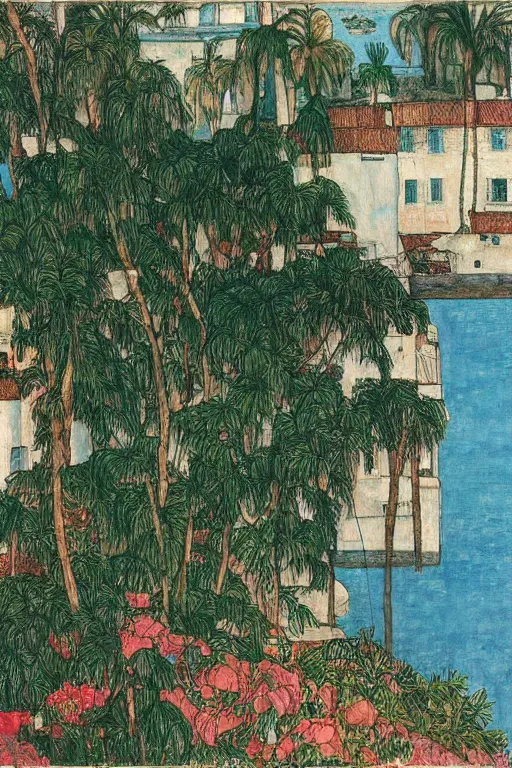 Image similar to a long river, tied bridge on local river, a lot of boat in river, 2 number house near a lot of palm trees and bougainvillea, summer, painting by egon schiele