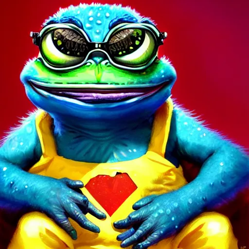 Image similar to super rich happy pepe, luxury, blue crystals, greg rutkowski