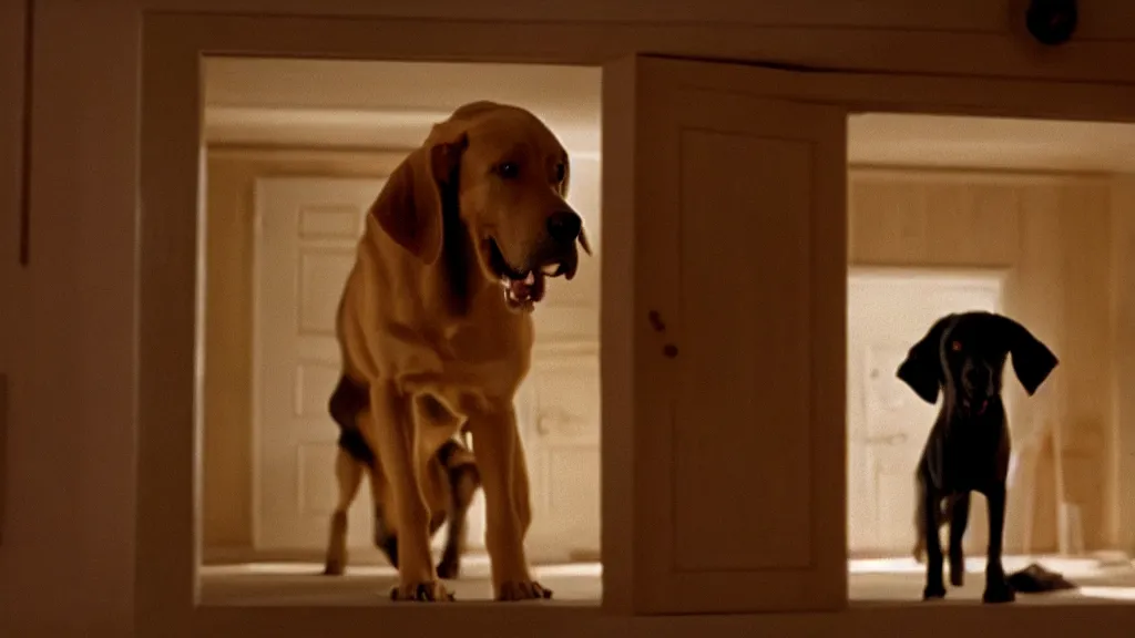 Prompt: giant dog in the cupboard, film still from the movie directed by Denis Villeneuve with art direction by Salvador Dalí, wide lens