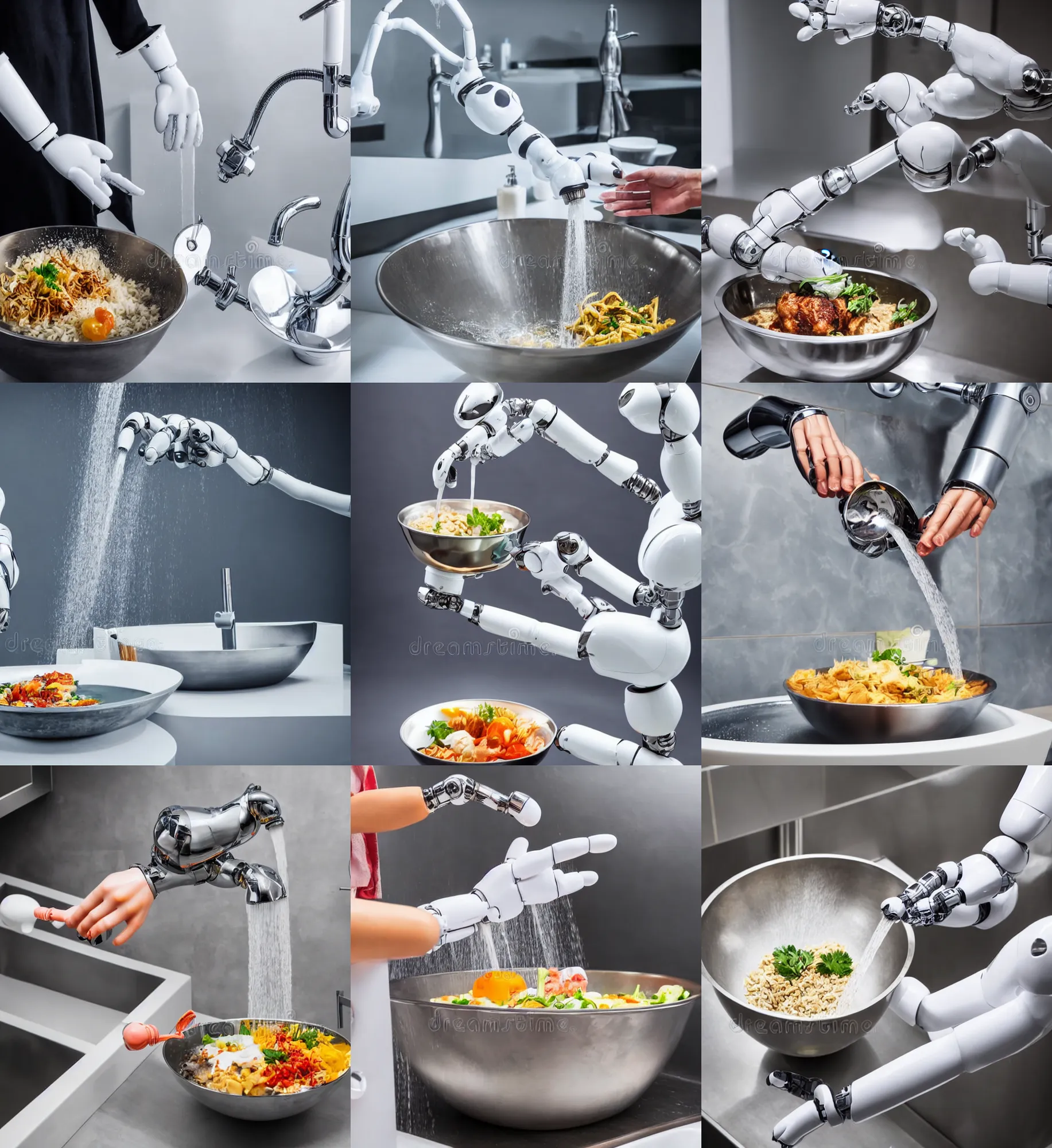 Prompt: someone cooking a bowl of food above a shiny washbasin with a tap, stock photography, single pair of robotic hands, book cover, coherent, close up