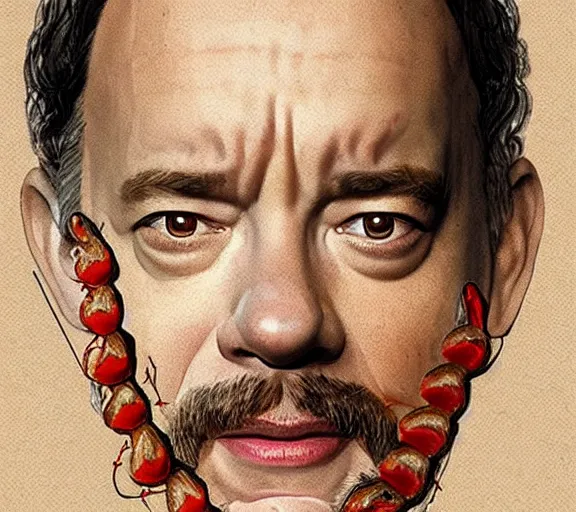 Prompt: Tom hanks as forrest gump wearing a necklace of shrimps around the neck, realistic face, digital art, in the style of Raphael Lacoste, amazing detail, artstation