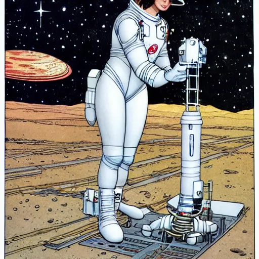 Prompt: astronaut girl fixing the spaceship by milo manara