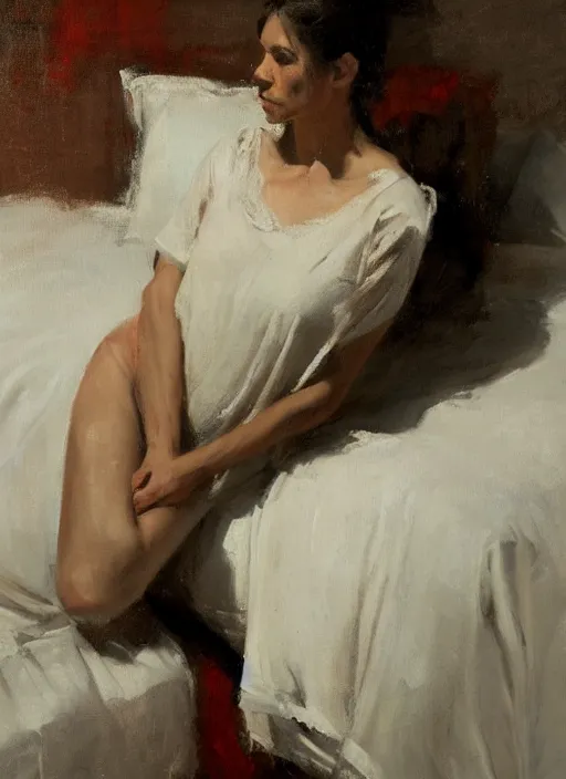 Prompt: portrait painting of a woman posing in an artistic over a bed, white satin sheets by jeremy mann, only one head single portrait