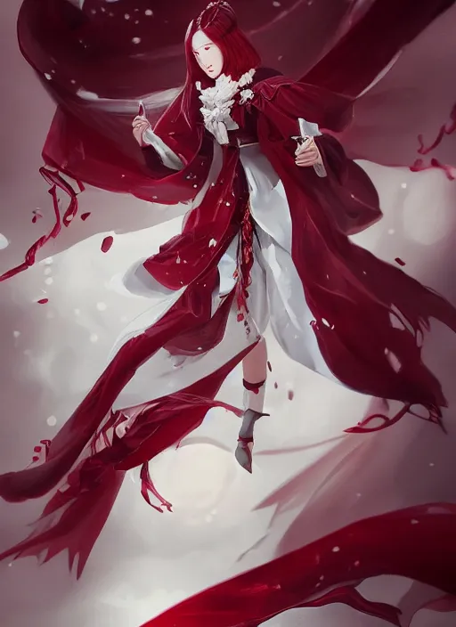 Image similar to a highly detailed illustration of beautiful long dark red haired japanese woman wearing wine red epaulette uniform and coat cape, dramatic floating strings pose, intricate, elegant, highly detailed, centered, digital painting, artstation, concept art, smooth, sharp focus, league of legends concept art, wlop