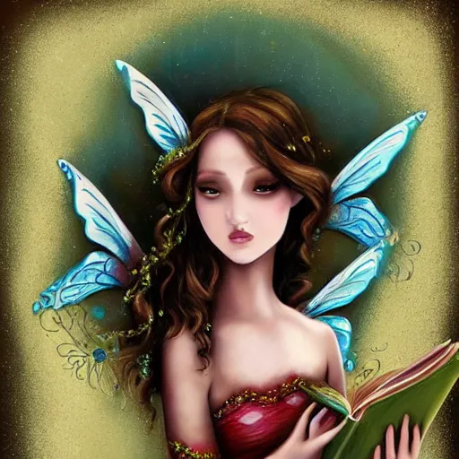 Image similar to a very beautiful fairy with a beautiful detailed face, the fairy hovers above an old opened book, digital painting, fantasy art