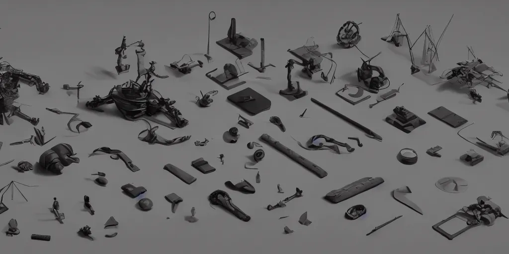 Image similar to collection of exploration of form and shapes, props, hard surface, panel, simon stalenhag, kitbash, items, gadget, big medium small, close up