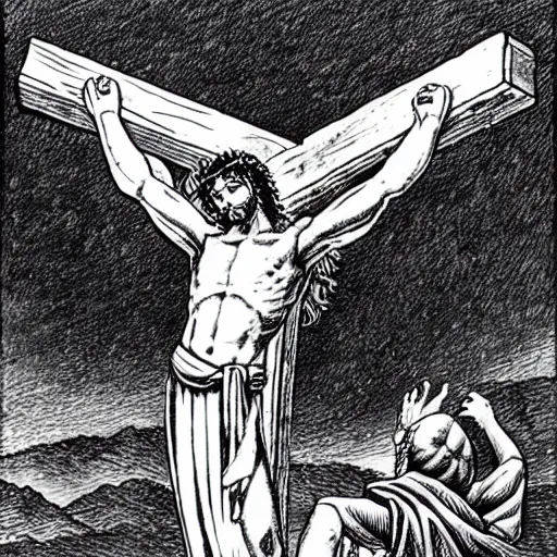 Prompt: Jesus christ on the cross, by Kentaro Miura, manga, black and white, pen and ink, high detail