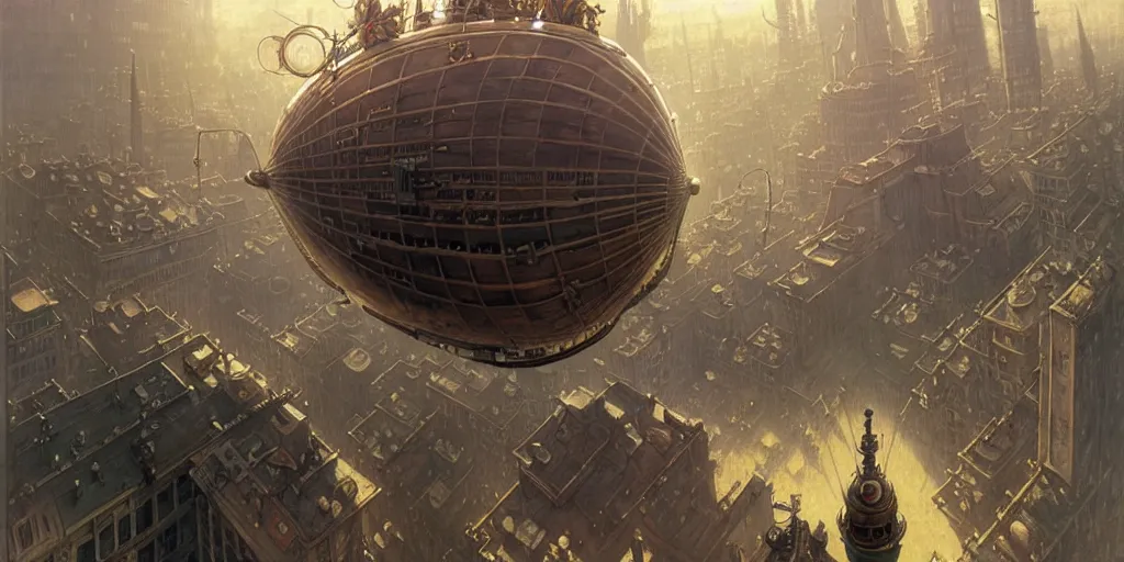 Image similar to steampunk airship above a busy city, exquisite details, denoised, mid view, by norman rockwell, karl kopinski, artsation, greg rutkowski, makoto shinkai, takashi takeuchi, studio ghibli