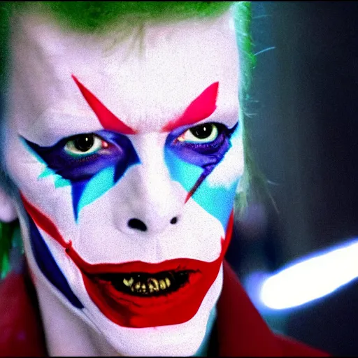 Image similar to awe inspiring David Bowie pkaying The Joker 8k hdr movie still dynamic lighting