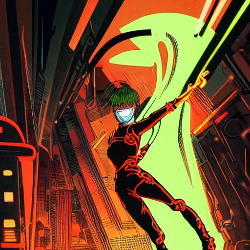 Image similar to bladerunner women wearing a black or orange jumpsuit and a biomechanical mask with glowing eyes in the style of akira, dynamic pose, smooth, sharp focus, hat lines, filmgrain, zeiss lens, 9 0 s anime,
